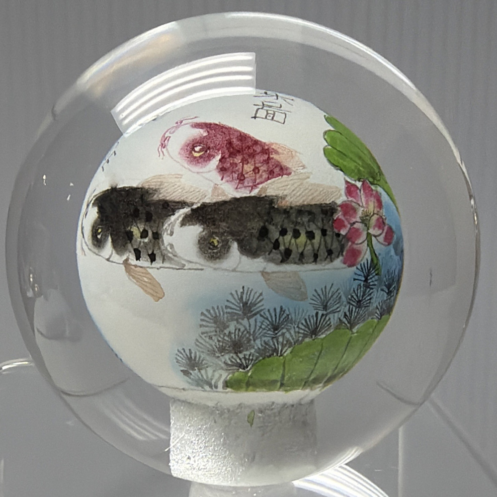 Vtg Asian Reverse Painted Glass Ball Paperweight Fish Lotus Tree Plenty of Fish